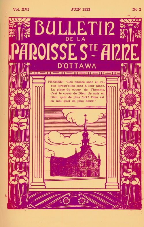 Cover page of a parish bulletin, printed in French in pink and beige. The title of the publication appears in large letters, on a background of stylized flowers. A drawing of a Church is printed in the middle of the page, framed by two colums. Over the drawing, thoughts on the link between God and man. At the top, the number and date of publication.