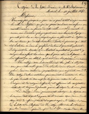 Copy of a French letter handwritten in black ink. The writing is neat, but the letter is difficult to read, because the writing on the other side is coming through. The paper is yellowed.
