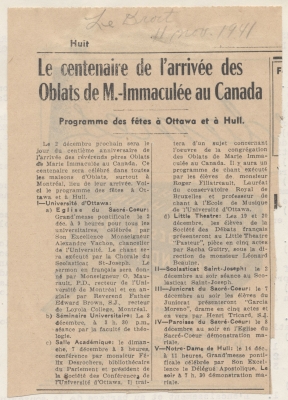 Newspaper article in French. The title and subtitle appear in bold. The source and date of publication are entered manually above the title. The article, arranged on two columns, is not signed.