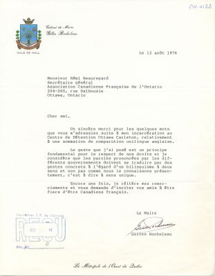 Text typed in French, on City of Hull letterhead. A three-paragraph letter, followed by the Mayor's signature, addressed to the Secretary of ACFO using the formula: “Cher ami”. ACFO has added its stamp and a call number.