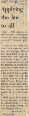 Letter to the editor written in English, arranged in one column. The title appears in bold, with the source and date of the article added by hand above the title.