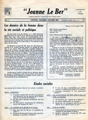 Bulletin printed in French. The title, place of publication, and other publication information appear at the top of the cover page along with a logo. Two texts come under the heading, in two columns. At the bottom of the page, a program of social studies regarding the duties of women in social and political life.