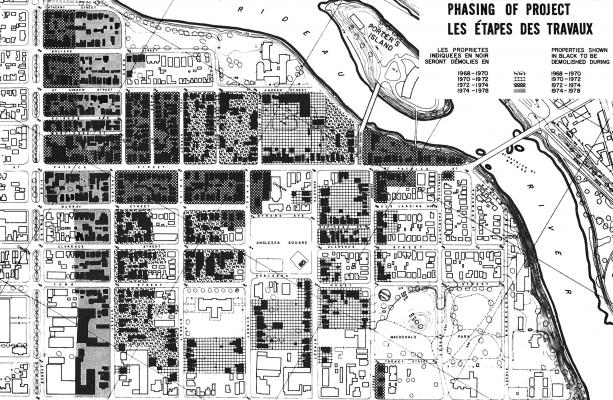 Plan en noir et plan de la Basse-Ville Est, délimitée au nord et à l’est par la rivière Rideau et au sud par la rue Rideau. Le plan indique en noir les maisons qui doivent être démolies. Des trames différentes sont utilisées pour chacune des quatre étapes des travaux, de 1968 à 1978.