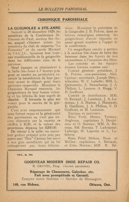 Parish column printed in French. Titles appear in bold capital letters. The page numbers appear at the top of the page. Advertisements for local companies appear at the bottom of each page. The paper is yellowed.