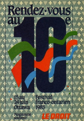 Program printed in colour, with dark blue French text. Green, red and blue ribbons weave through a large number ten. The name and dates of the festival are included at the bottom, along with the words “LE DROIT” in red. In the background, a pattern of lilies and trilliums on a green background.