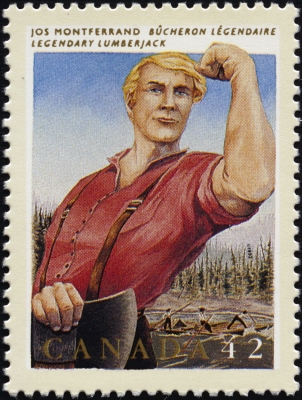 Colour photograph of a Canadian stamp valued at 42 cents, depicting a sturdy lumberjack wearing a red shirt and suspenders. He holds an axe in his hand, and he stands in front of a river, where other loggers propel rafts. Text typed in French and English.