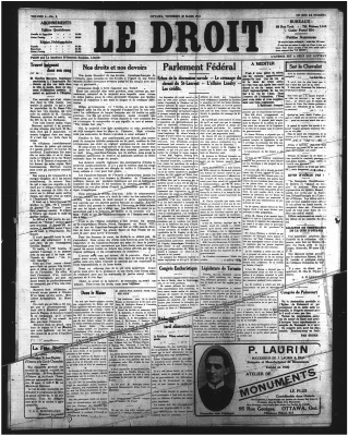 Front page of the Le Droit newspaper. The name of the newspaper appears at the centre top of the page, in large characters. Information about subscriptions and other newspaper services is available on both sides of the title. The page is laid out in five columns, reserved for different articles. The character style varies according to the article.