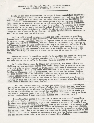 Text of a speech typed in French. The title, location and date appear at the top of page 1, with page numbers in the upper right corner of pages 2 to 4. Some words and phrases are underlined.