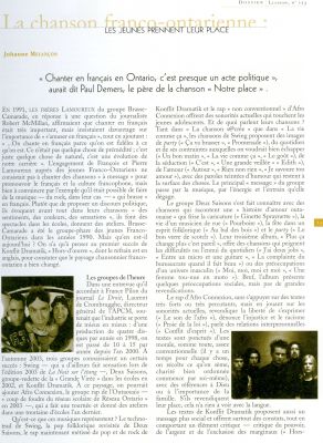 Article printed in French. The text, arranged in two columns, is accompanied by four small sepia photographs of music groups. The title of the article, the name of the author, and her biography appear in orange.