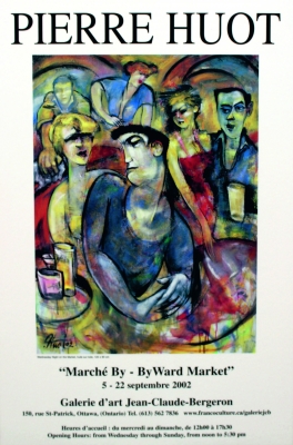 Colour poster, with text printed in French. It contains a reproduction, on a white background, of an abstract painting depicting three men and three women in a dance club. The artist’s name appears in large print at the top of the poster. The announcement of the exhibition appears below the image.