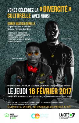 Colour poster featuring two young black men dressed casually in black. The text is typed in French.  Logos appear at the bottom of the poster. In the background, an African tribal pattern in varying shades of gray.
