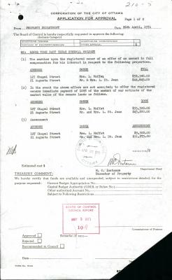 Typed form mentioning the price of assessment, the market price and the slightly higher price to be offered to the owners. It bears two stamps of approval from the Ottawa Board of Control, and the signature of Mr. C. Instance, Director of Real Estate.