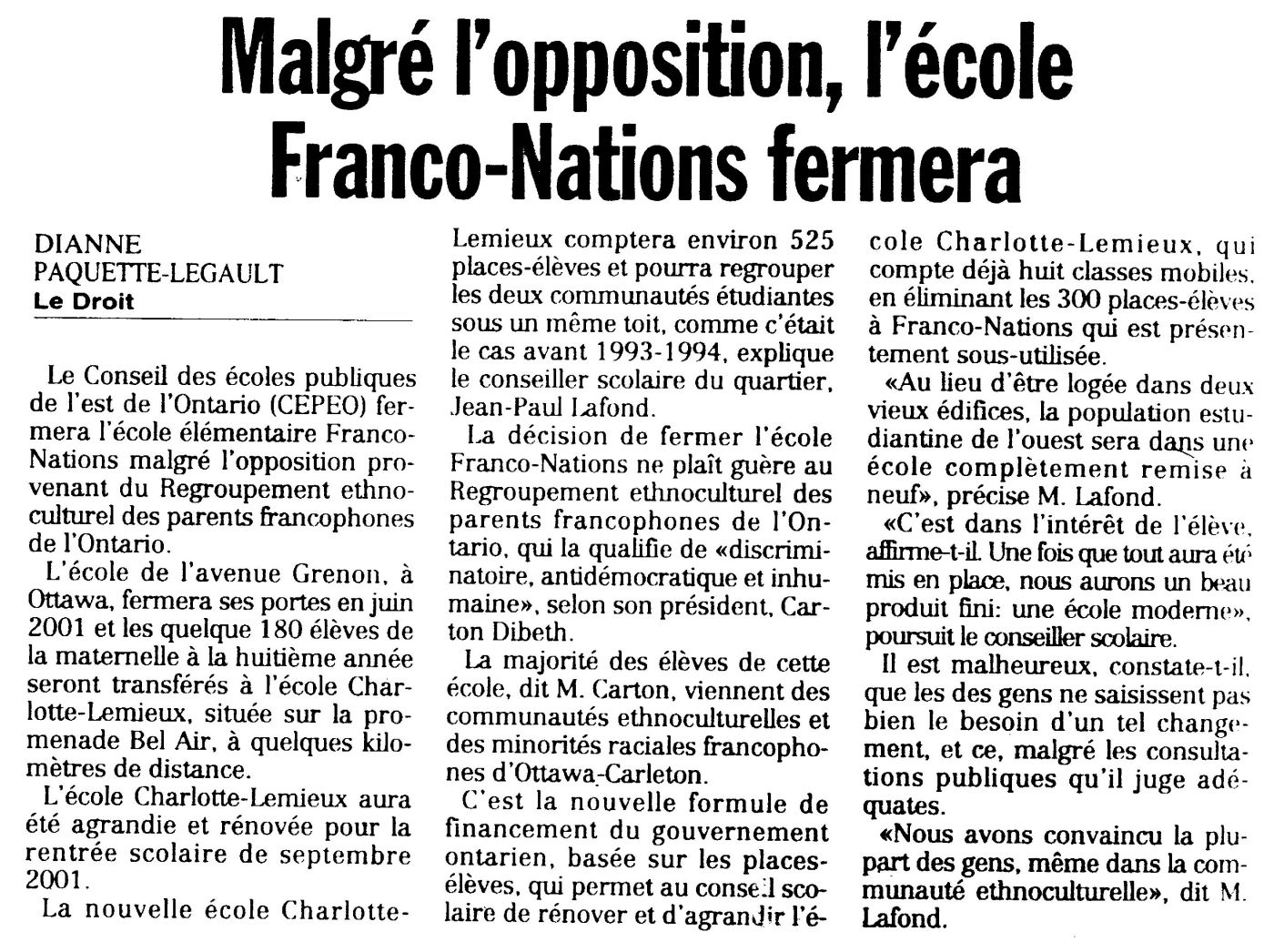 Article de journal imprimé, en français. Le titre apparaît en gras, en haut de la page. L’article est monté sur trois colonnes et il est signé.