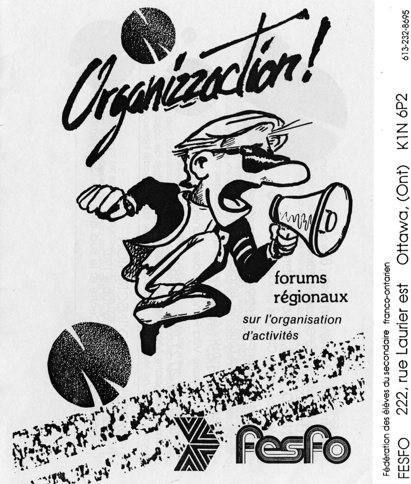 First page of a black and white French document. A caricature of a frantic young man holding a megaphone, under which features the event name and FESFO’s logo. Vertically, on the right side, the organization's name, address and phone number.