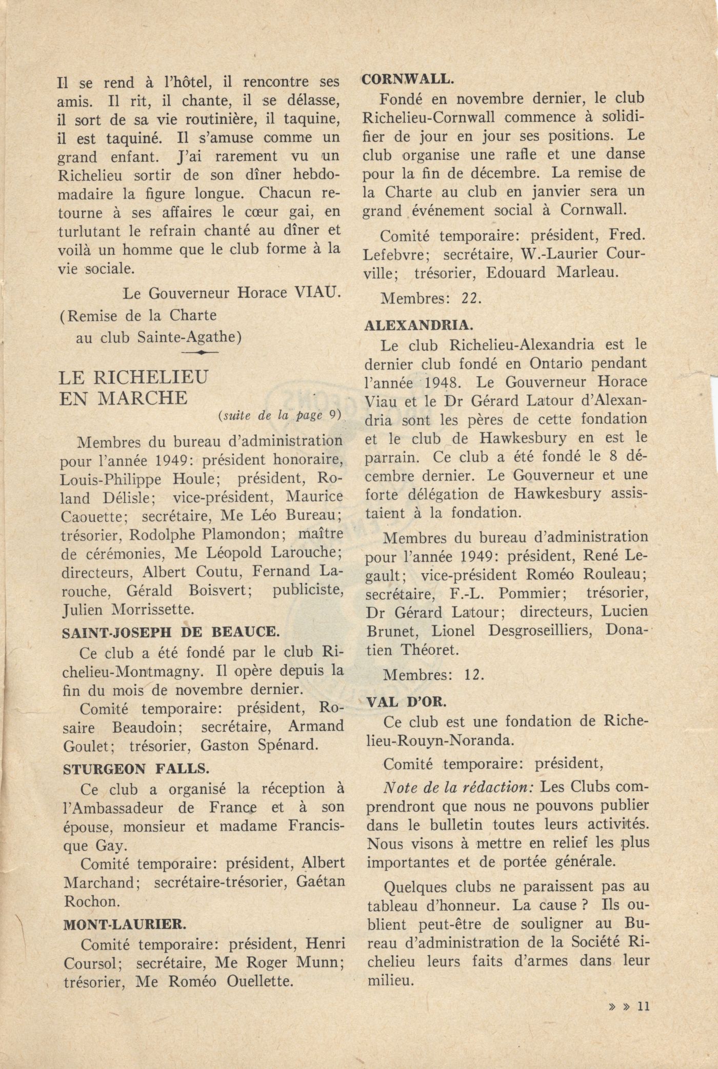Bulletin printed in French. The title, place of publication, a logo and other details, appear on the cover page, followed by a table of contents. The text on page 10 is printed in two columns; it continues on the following page and is signed. Page 11 offers short texts regarding different communities.