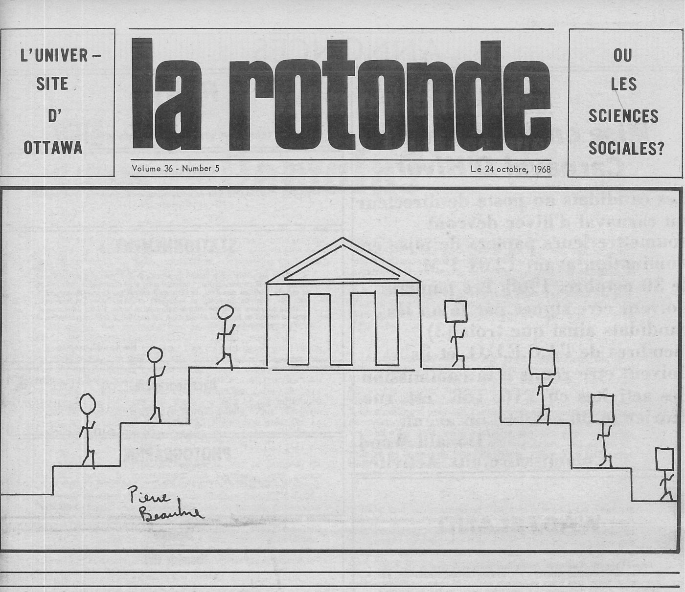 First page of a French newspaper. A drawing depicts figures with round heads climbing stairs to a building. They emerge from the other side with square heads, and leave by another flight of stairs. A signature at the bottom of the drawing.