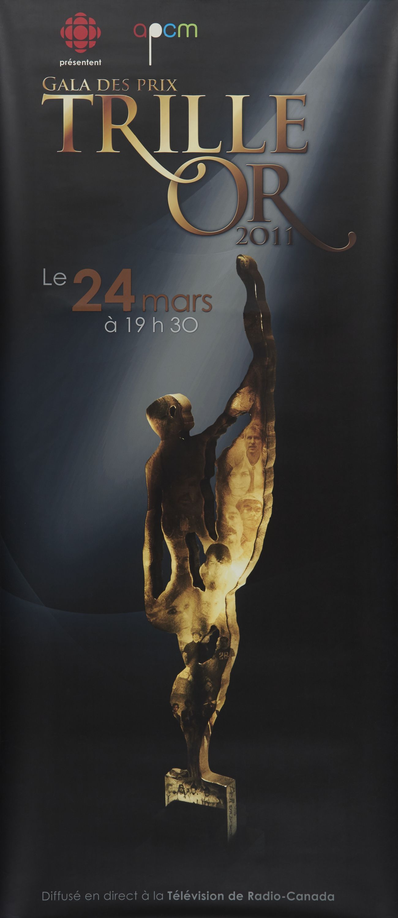 Rectangular poster in French.  On a black background, the drawing of a gold statuette under a projector. At the top of the poster, in gilded characters , the logos of the sponsoring organizations, and the name and date of the event. At the bottom, information about the televised broadcast.