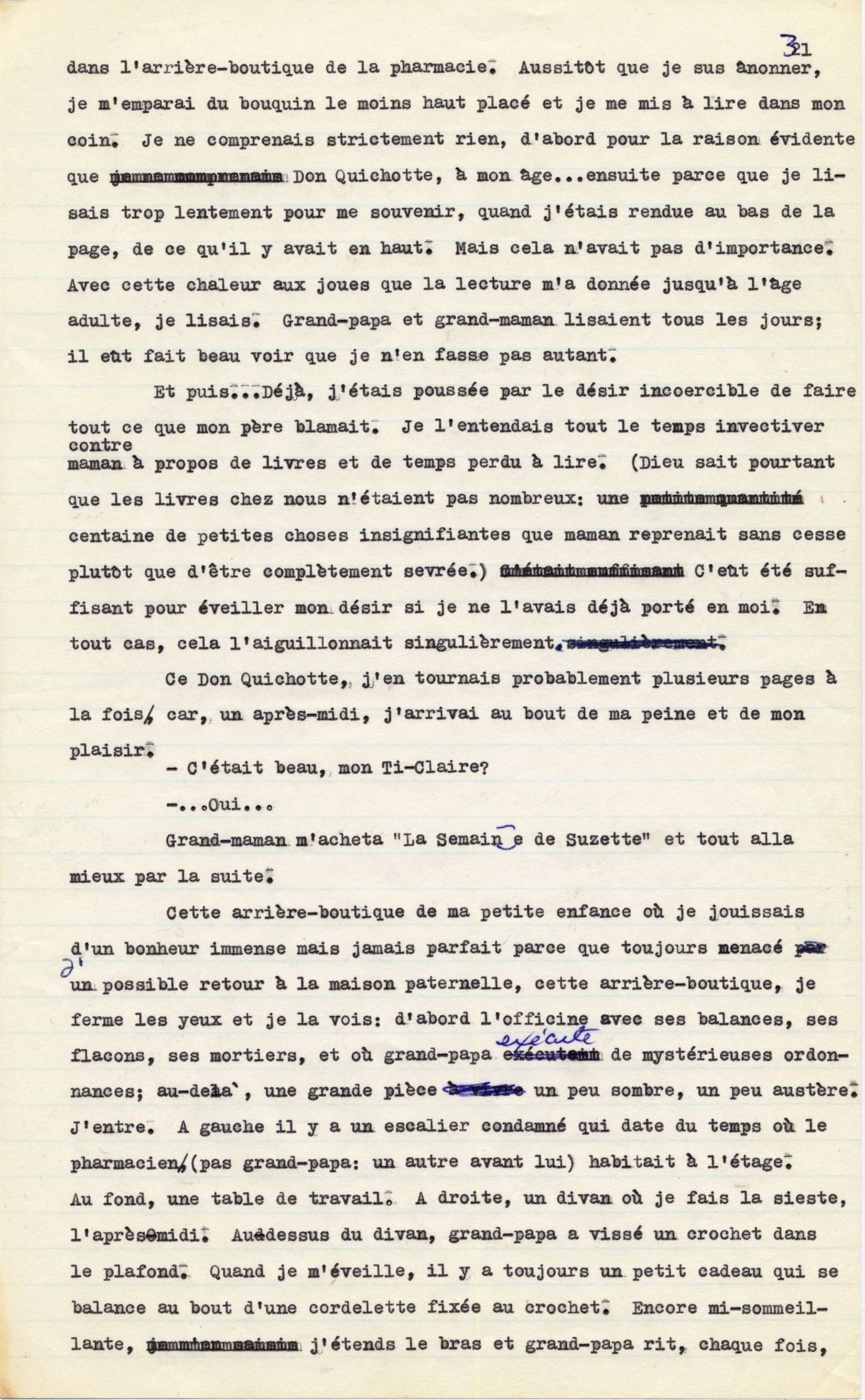 Manuscript typed in French, with handwritten corrections in blue ink. It includes four paragraphs, as well as a short section of dialogue.