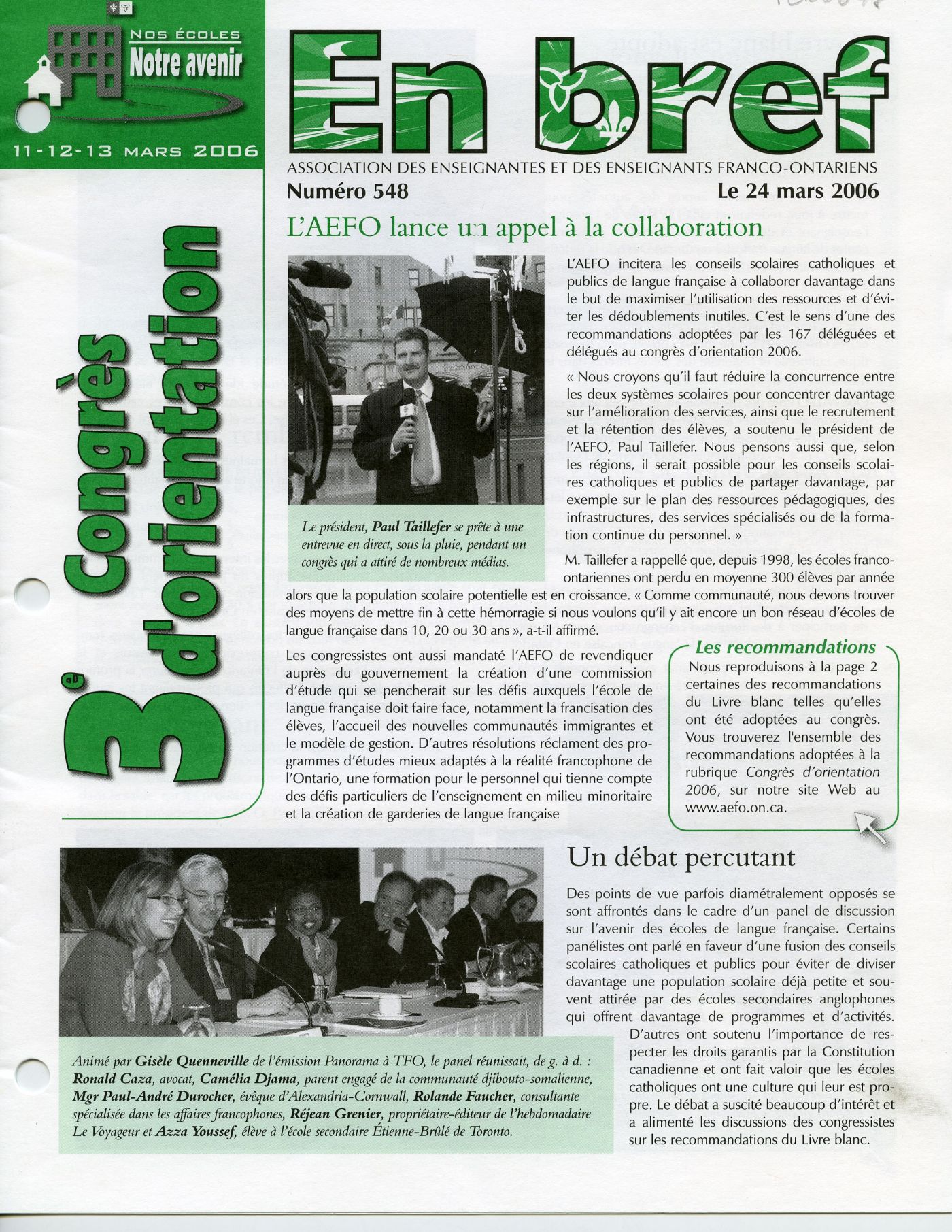 Colour photograph of the first page of a French newsletter, including text and photos. On the left, oriented vertically in green letters, the main topic of this issue of the newsletter: the “3e congrès d’orientation” (3rd orientation assembly). The layout is irregular to capture the reader’s attention.