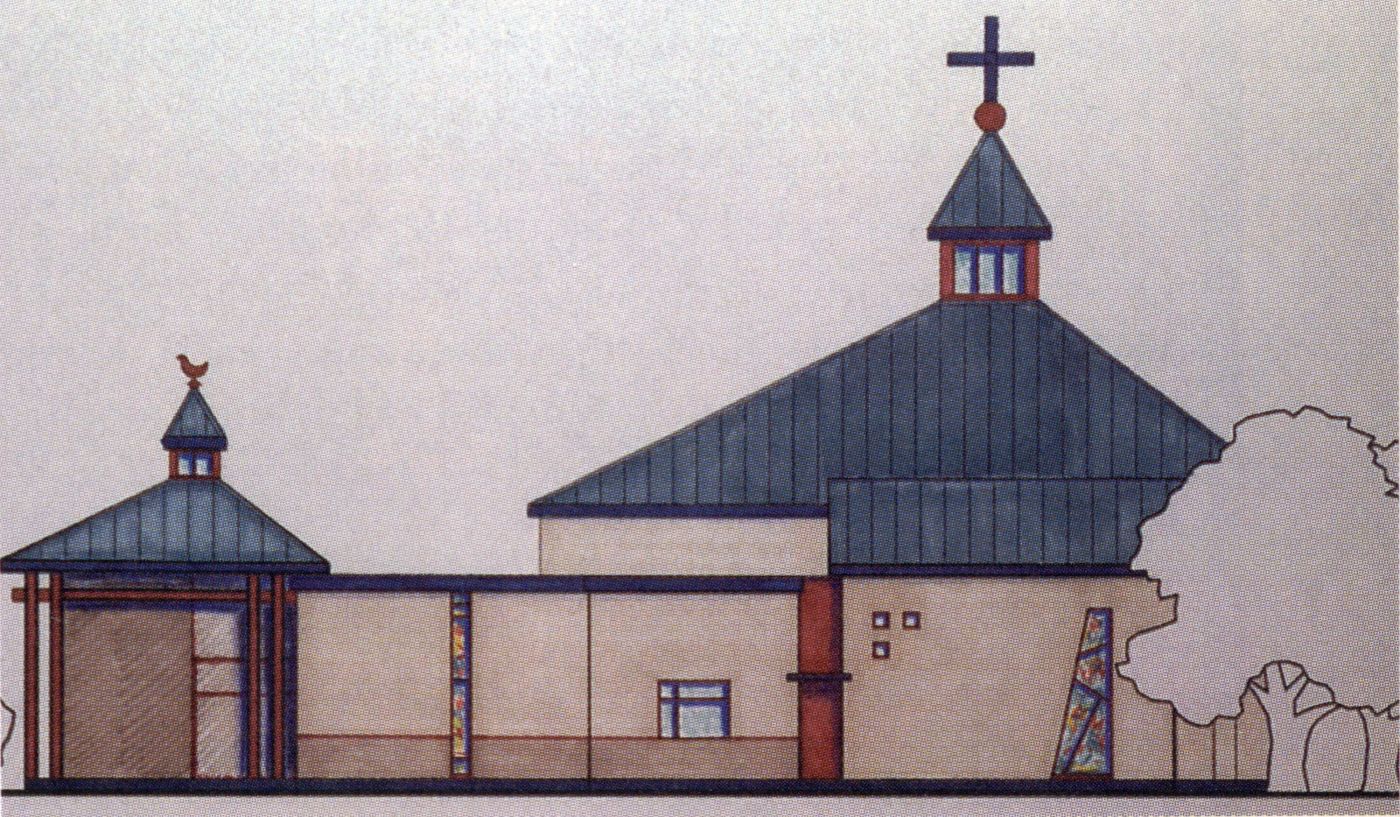 Architectural drawing, in colour, of a church with a blue roof, beige walls, red accents and multicoloured stained glass windows. An enclosed corridor connects the main part of the church, surmounted by a cross, to a smaller secondary section.
