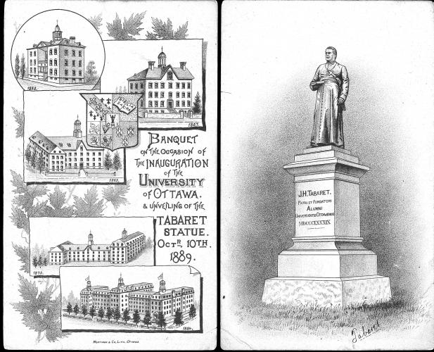 Black and white drawing, with text in English. To the left, tiles representing the evolution of a religious building in five stages. To the right, a statue of a cleric, with an inscription in Latin.