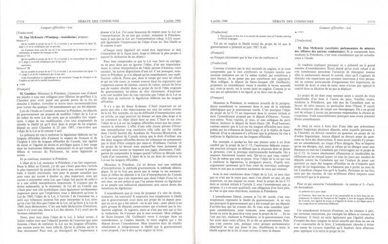 Text printed in French, arranged in two columns. with the page number, title and date appearing at the top. The original language of the speech is indicated in brackets. The timing of the intervention is indicated in 5-minute intervals before the text. The name of the speaker appears in bold, with the individual’s title, in parentheses, accompanying the first intervention.