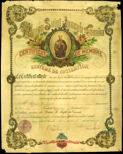 French document printed in colour. The colour drawing of St. Joseph in the centre is surrounded by the stylized name of the organisation. The text, interspersed with handwritten entries, appears in a stylish, popular typeface. The certificate is signed by the general clerk and the general president of the Society. The organization’s coat of arms is integrated into the certificate border at the bottom of the page.