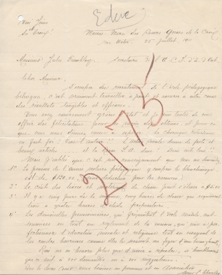 Letter handwritten in French on lined paper. An illegible word has been added above the text, along with the number 2175 written in large red letters across the text of the letter. A hole has been pierced in the upper left corner of the paper.