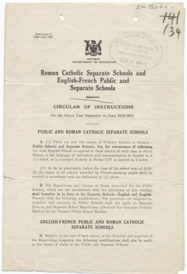 Text printed in English. The first page bears the Coat of Arms of Ontario and the purpose of the circular. The stamp of the Centre de recherche en civilisation canadienne-française has been added, along with a handwritten number. The text, printed in a single column, is divided into several articles and sub-articles, numbered and separated into sections. Font size and bolding are used to emphasize some parts of the text.