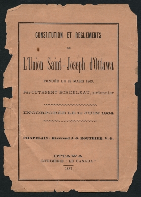 Text printed in French. On the cover page, in diverse script of varying sizes, the title of the document, the place and date of publication, and other information about the organization. Page 2 shows a drawing of St. Joseph. The text on pages 11 and 12 is printed in a single column, one article at a time, each with a title in capital letters. The pages of the document are damaged.