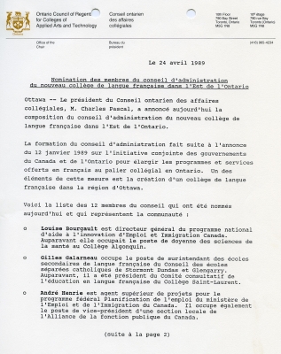 Three-page news release typewritten in French on bilingual letterhead of the Office of the Chair, Conseil ontarien des affaires collégiales. The pages are duly paginated. The date and title are followed by three short paragraphs listing names in alphabetical order. The news release devotes a short paragraph to describing each board member. The number 30, between dashes, is centreed at the end of the text. Contact details for more information are listed on the last page.