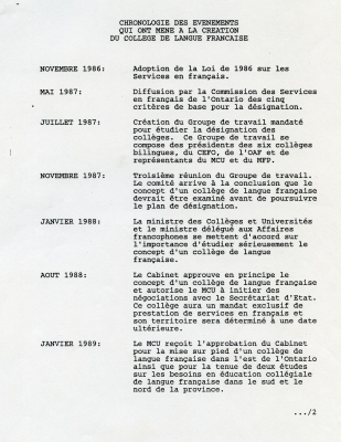 Text typewritten in French, arranged in two columns. Ten dates, November 1986 to April 1989, are listed in the left column, accompanied by a description of the events in the right column. The title of the document and the dates appear in capital letters. Page numbers are included at the top of the page, centreed. A call number is typed at the bottom of page 2.