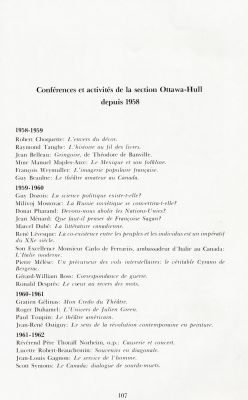 French list, organized chronologically. The names of the speakers and the titles of their presentations appear for each academic year, indicated in bold. The title of the document also appears in bold.