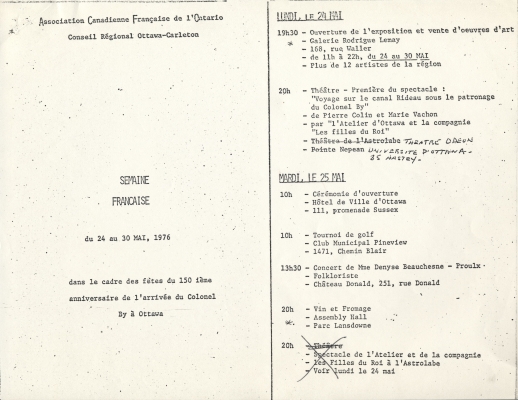 Programme dactylographié, en français, avec corrections à l’encre noire. Chaque page du document est divisée en deux parties. Les dates sont soulignées. Le texte contient des encadrés.