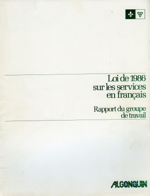 Report typewritten in French. The cover shows the title of the document printed in green, on a white background, as well as a logo and a Franco-Ontarian flag. The report begins with a preamble. The text of the report is arranged in a single column divided into multiple paragraphs. The recommendation for a 23rd college is highlighted clearly in the middle of the page.