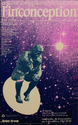 Poster in shades of purple and pink, with text printed in French. In the centre of the image, Rodin’s thinker, sitting on a balloon. At the top, the title, in lower case letters. On the left, the cast list. At the bottom, the performance place and date, along with ticket office details.