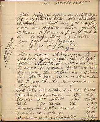 Handwritten journal in French, where the author notes expenses and other facts of his daily life. The date is entered at the top of each page, and keywords are entered in the margins.