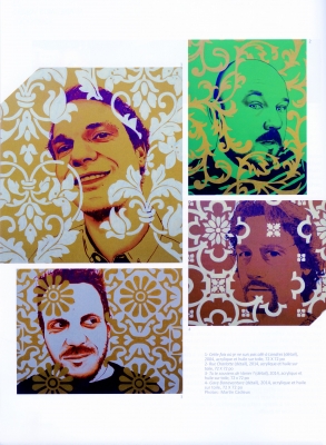 Four-page French article, illustrated with colour photos of works of art. Different patterns and colour processes superimposed on photographs of middle-aged men, or on a plain background. One piece integrates a man hiding his face behind multicoloured lines. The text is arranged in two columns.