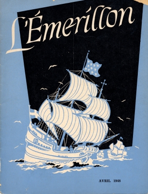 Blue and white drawing, against a large black patch on a blue background, of a large ship with a flag depicting lily flowers. The ship is sailing on the ocean, with two other ships following in the distance. The title of the journal is typed in white above the image. The date of the issue appears below the drawing.
