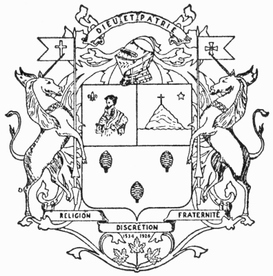 Black and white drawing of a coats of arms and a motto in Latin and French. In the centre, a shield with representations of a man on the left, a mountain topped with a cross on the right and three pine cones below. The totality is accompanied by two rearing unicorns on each side, a helmet at the top and three maple leaves at the bottom.