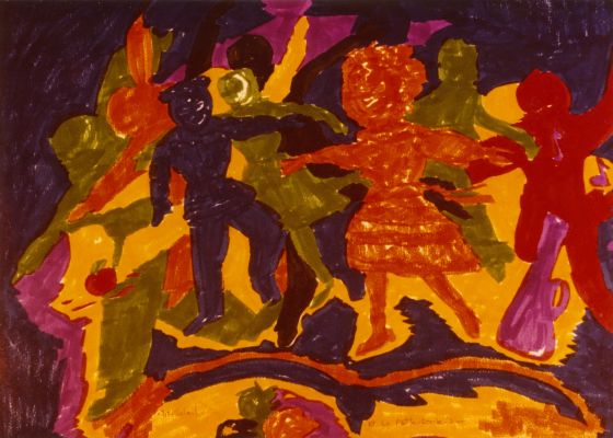Watercolour in ochre, fuchsia, orange and olive on a purple background, depicting a group of children dancing the farandole. Halfway between figurative and abstract.