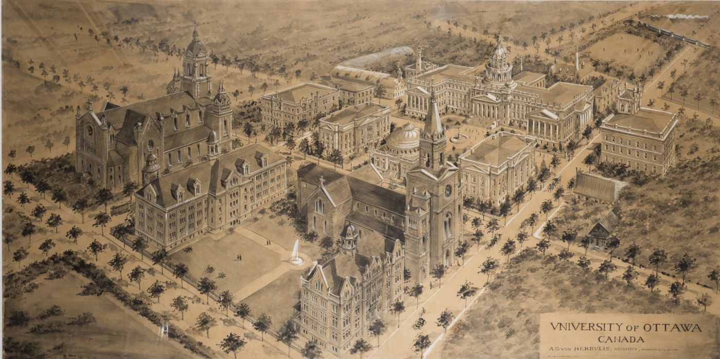 Plan of the University of Ottawa, drawn in ink on sepia paper, with text in English. The university buildings appear in three dimensions; the space around the campus is vacant.