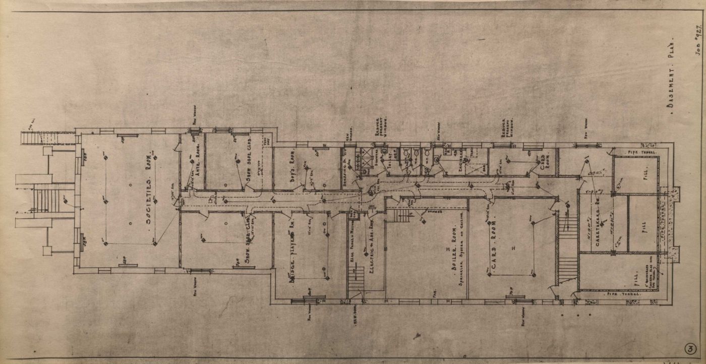 Black and white architectural drawings showing the pediment of a three-storey institutional building, and the floor plan of each floor. The dimensions and details of the building are printed in English. Only the title is handwritten.