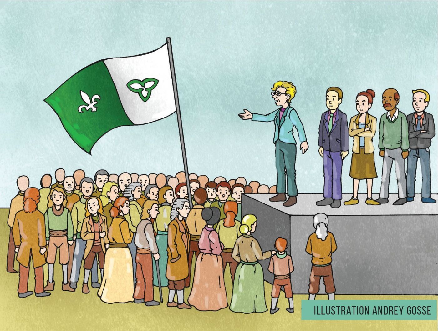 Computer-generated colour drawing of a crowd waving a large Franco-Ontarian flag. Standing on a stage, a blonde speaker in a suit addresses the crowd. She is accompanied by two white men, a black man and a white woman.