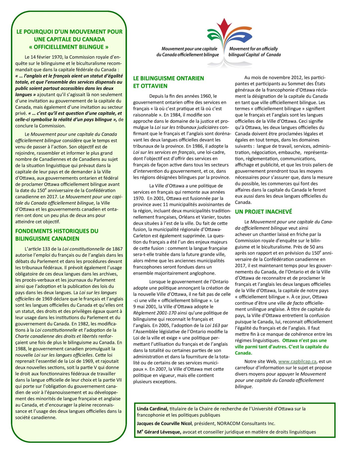 Colour screen capture with text printed in French. The logo of the Movement appears at the top of the page, with the name in French and English. A text, reproduced on a light green background, is framed to the left of the page. The main text is presented in two columns, with titles in green capital letters separating the different sections. A box at the bottom of the page contains the names of the authors.