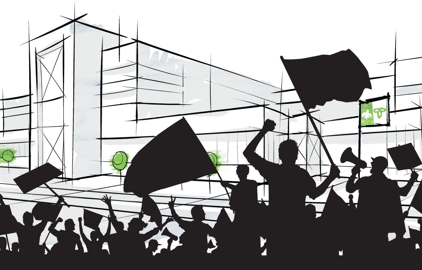 Colour drawing of a crowd demonstrating with flags, placards and megaphones. The figures, seen from behind, appear in black silhouette in front of a stylized building with a Franco-Ontarian flag and balloons in green.