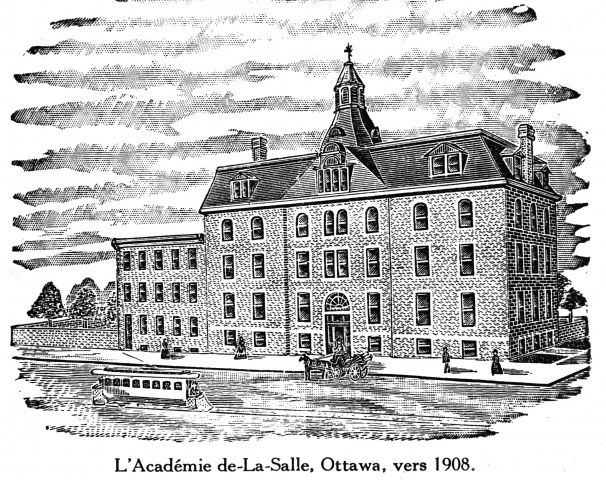 Black and white drawing of a four-storey stone building. The building has a grand classical façade and a bell-caste roof topped by a lantern.