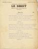 Text typewritten in French on Le Droit newspaper letterhead. The lyrics are written in blue ink, with the rest of the text in black ink.